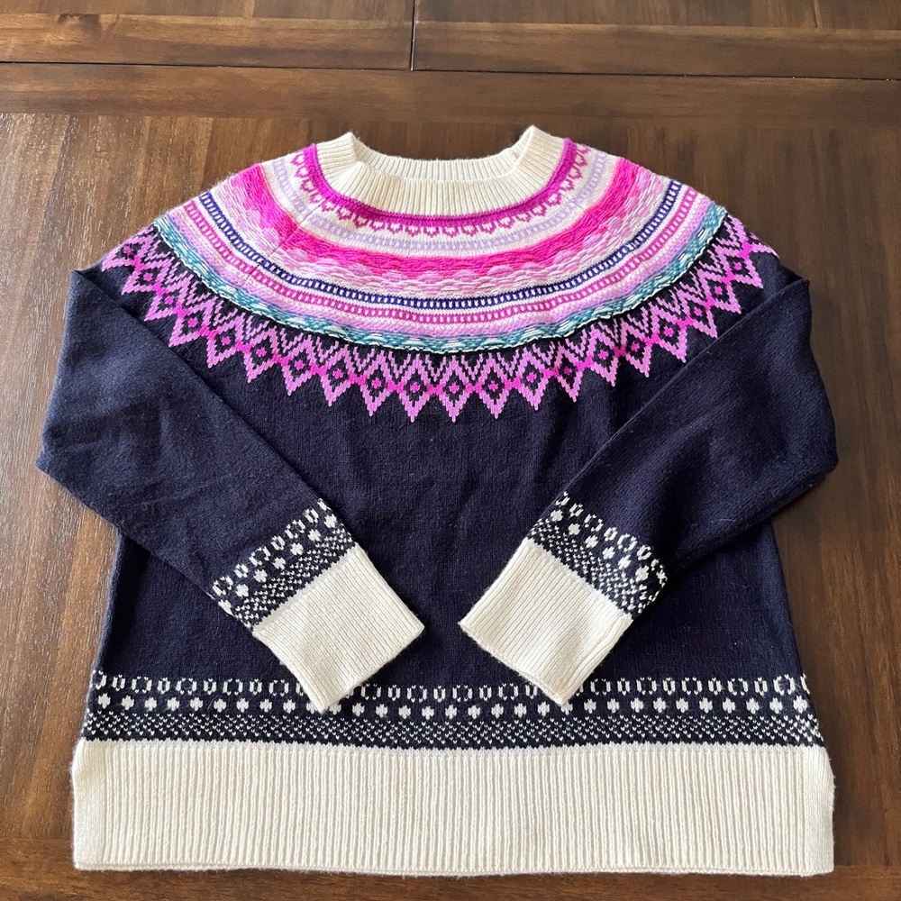 Talbots Navy Fair Isle Crewneck Sweater with Pink and Cream Accents